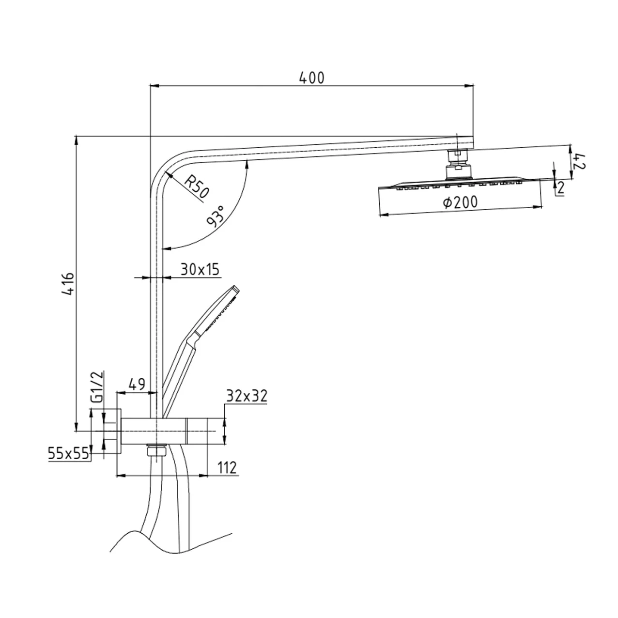 BKSS101H - Multi Function Square Hand Shower with Overhead Rain Shower - Image 4