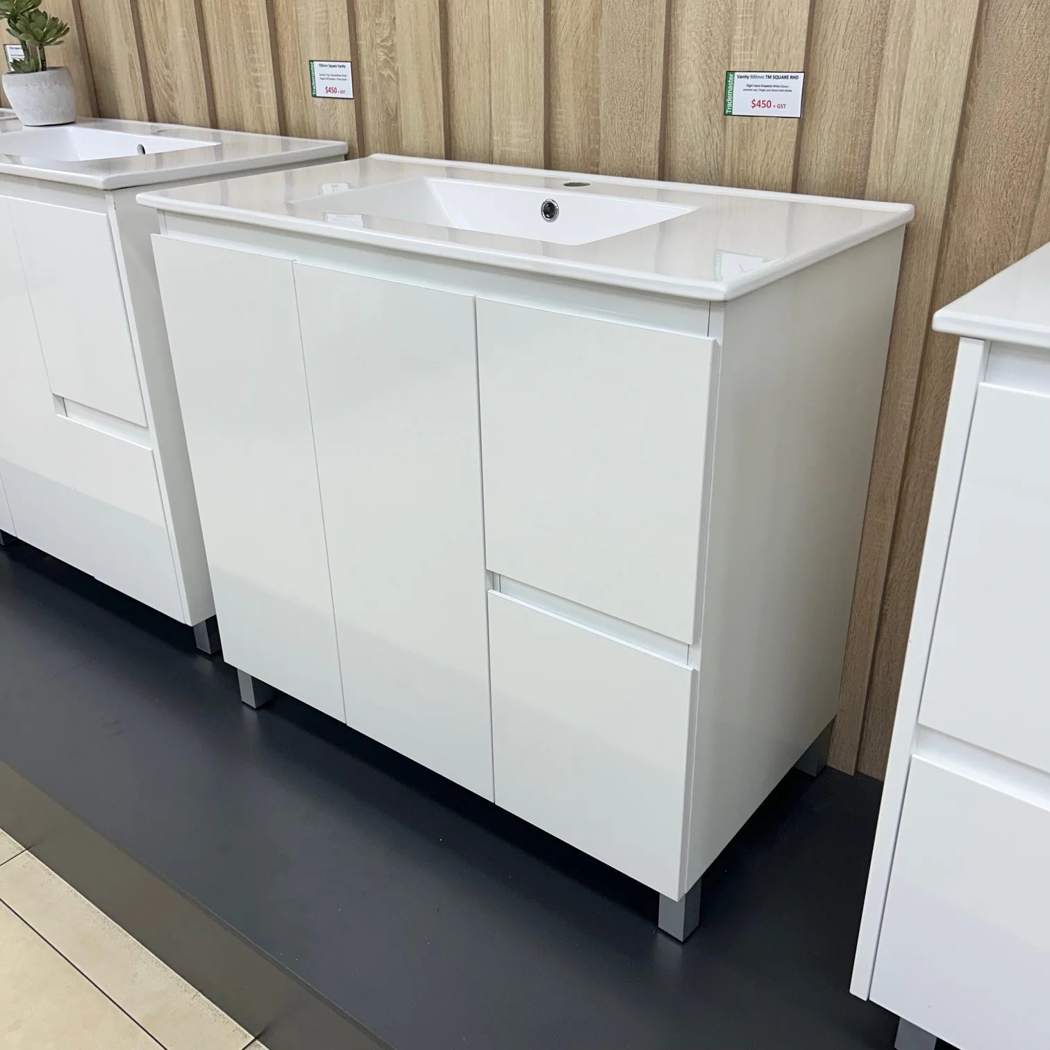 Square White Gloss Vanity 900mm - Right Side Drawers - Image 4